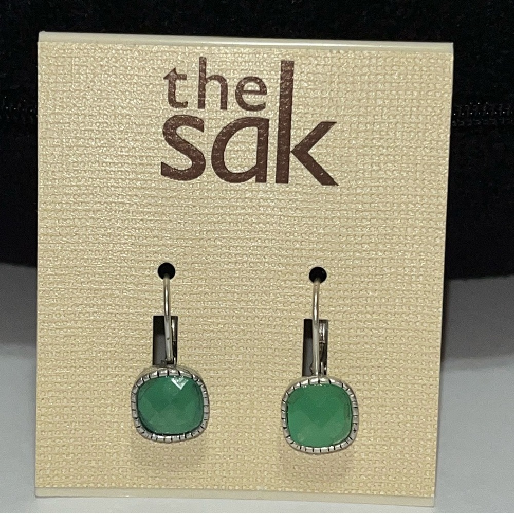 The Sak Aqua Green Stone Silvertone Leverback Earrings New with Tags Nickel Free